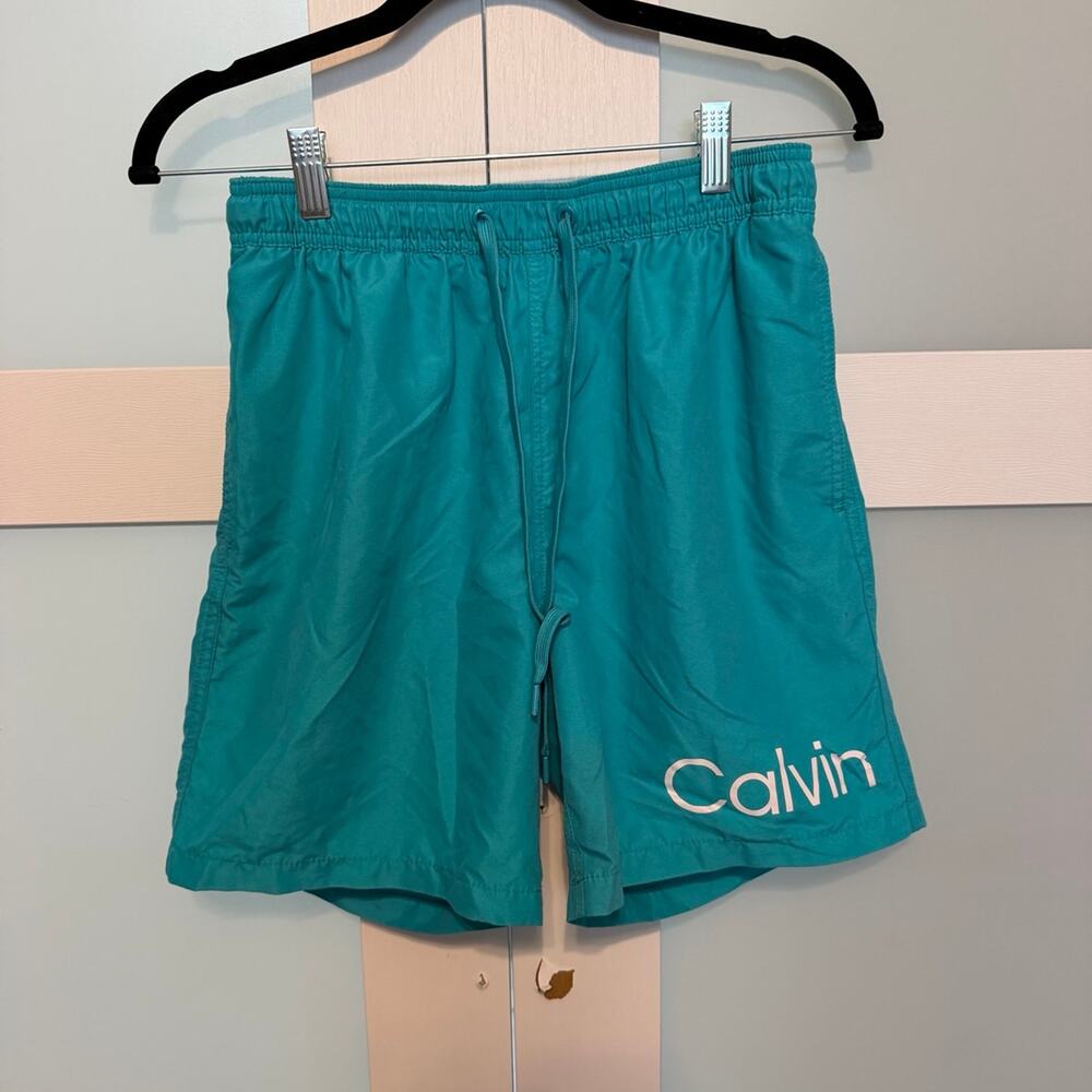 Calvin Klein Swim Trunks Men’s Small Teal Blue Drawstring Swim Shorts